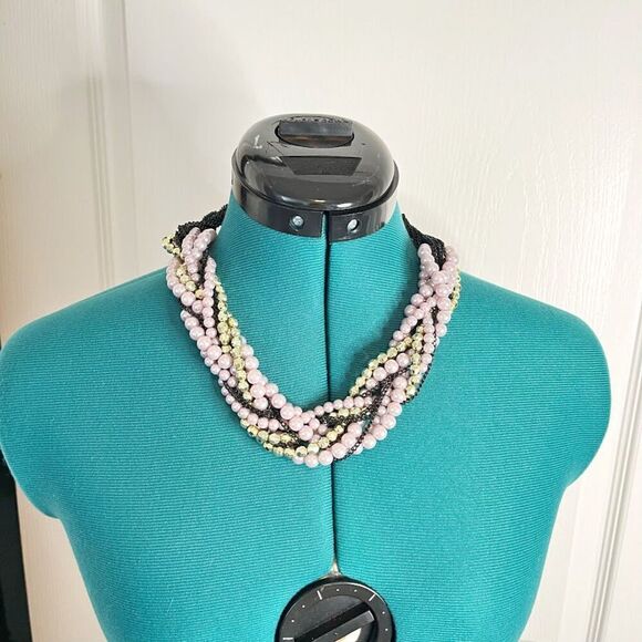 Vintage Multi Layer Twisted Beaded Faux Pearl Braided Chunky Statement Necklace - Picture 2 of 9